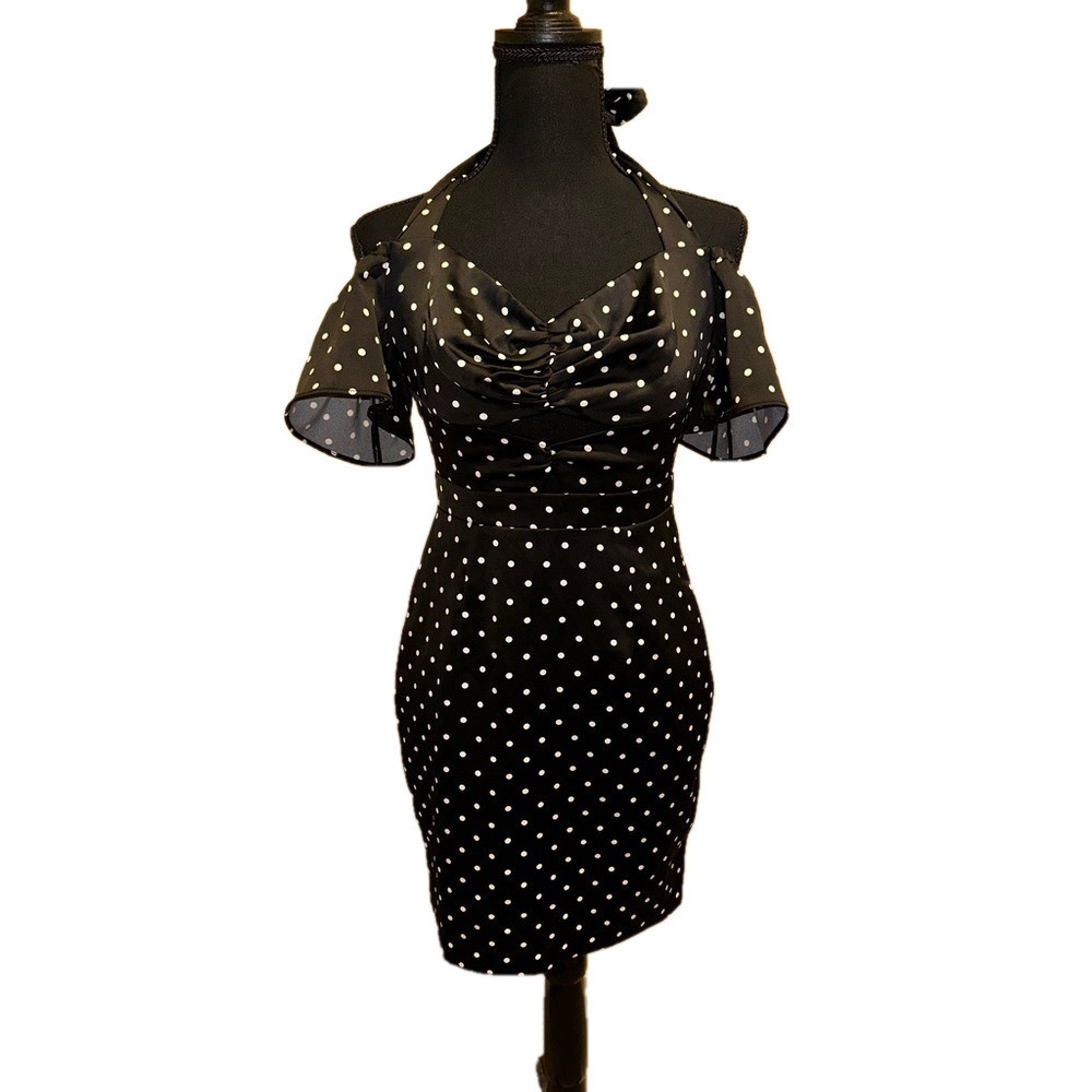 NWT GUESS BLACK AND WHITE SATIN POLKA DOT MINI DRESS
